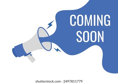 Coming Soon button, banner, label, template for website. Coming Soon text with colorful megaphone icon