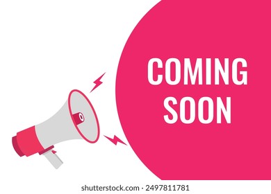 Coming Soon button, banner, label, template for website. Coming Soon text with colorful megaphone icon