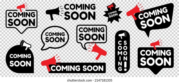 Coming Soon Button Set - Different Vector Illustrations Isolated On Transparent Background