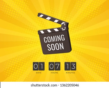 Coming Soon Clapper board with Flip Countdown Clock on yellow background. Design concept for sale, business advertising, web, promotion announce tag. - Vector Illustration