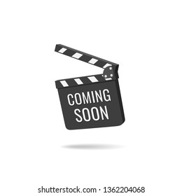 Coming Soon Clapper board isolated on white background. Design concept for sale, business advertising, web, promotion announce tag, sticker, poster, banner, flyer. - Vector Illustration
