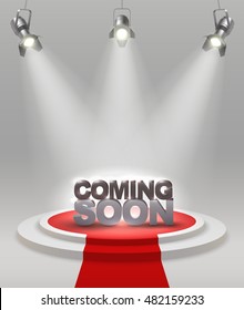 Coming soon colored composition on stage with red carpet that spotlights illuminate vector illustration