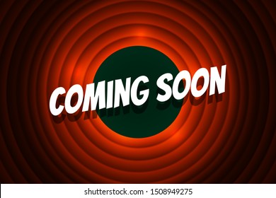 Coming soon comic cartoon style title on red circle background. Old cinema movie round promotion announcement screen. Vector retro scene advertising poster template illustration
