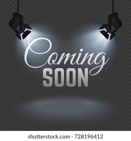 Coming soon concept with spotlights on stage isolated vector illustration