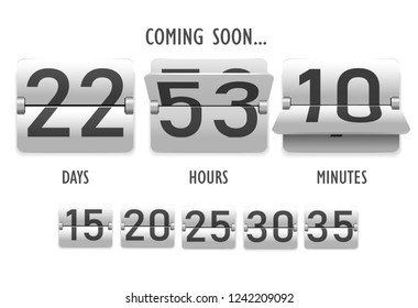 Coming soon, countdown, mechanical scoreboard style digits, numeral, time, show days, hours and minute vector illustration