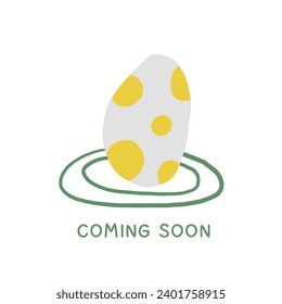 Coming soon cute postcard about new born baby, pregnant mother, mom. Baby shower invitation, cover, template, banner, poster, print. Dinosaur egg background for kids