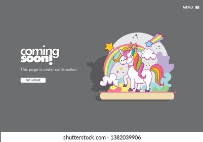 Coming Soon, Cute Unicorn. Cartoon Style can use for landing page, template, ui, web, mobile app, poster, banner, flyer. Eps 10