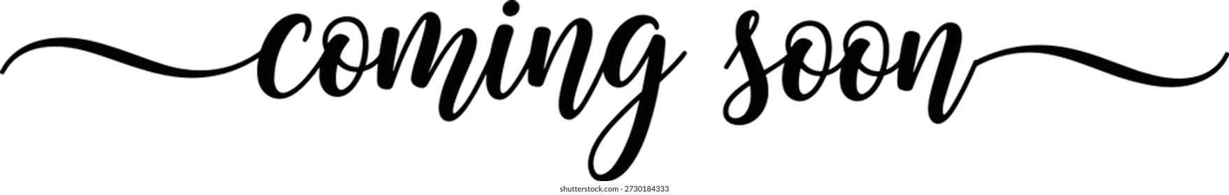 Próximamente tipografía cursiva decorativa con remolinos elegantes, texto promocional con estilo para el lanzamiento del producto y el teaser del evento