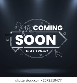 Coming soon design with spotlight effects and megaphone on abstract background