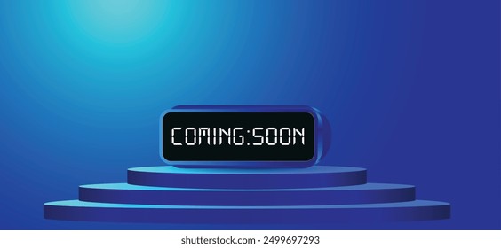 coming soon digital clock on podium vector poster