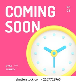 Coming soon digital promo web post internet advertising wall watch realistic 3d icon vector illustration. Commercial business arrival branding identification message online advertisement announce