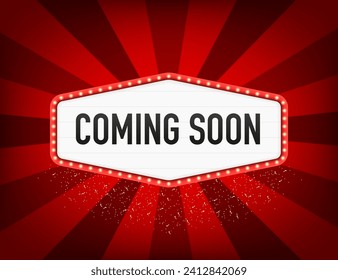 Coming soon with electric bulbs frame on red curtain background. Shining retro frame. Retro lightboxes, cinema signs or billboard signage. Vector illustration