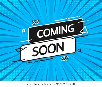 Coming soon flat banner on blue background. Vector illustration