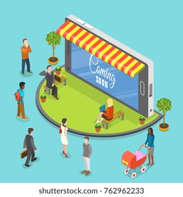 Coming soon flat isometric vector concept. People are waiting for opening of the mobile store that looks like a smartphone with awning.