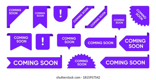 Coming soon flat promo banners set. Bright grand sale and new arrival corners, stickers and tag labels on white background vector illustration collection. Ribbon signs and buttons concept