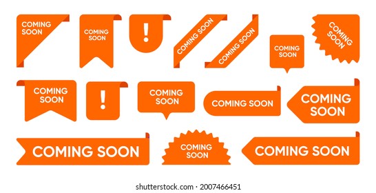 Coming soon flat promo banners set. bright grand sale and new arrival corners, stickers and tag labels vector illustration collection. ribbon signs and buttons concept Vector