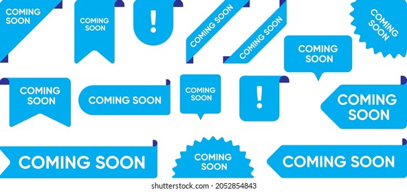 Coming soon flat promo banners set. bright grand sale and new arrival corners, stickers and tag labels vector illustration collection. ribbon signs and buttons concept Vector