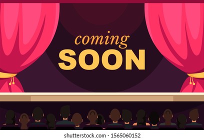 Coming soon flat vector banner template. Concert expectation, waiting for performance. Auditorium interior. Audience, spectators sitting in music-hall cartoon characters. Cultural event concept