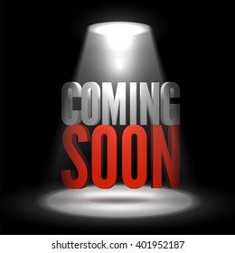 Coming soon floating in stage limelight on dark background. Vector scene illuminated spotlight. Stage light background vector. Show coming soon in scene light. Bright beam highlights important message