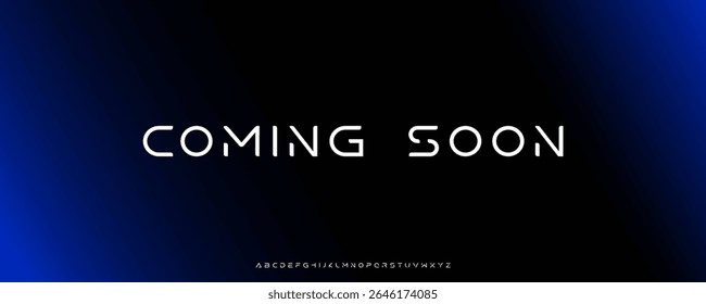 Coming soon futuristic text with scifi techno font on dark blue gradient background. Anticipation, digital energy typography. Announcement banner for startup launch, conference, forum. Vector typeset