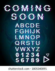Coming soon glitch font template. Retro futuristic style vector alphabet set on blue iridescent background. Capital letters, numbers and symbols. Announcement typeface design with distortion effect