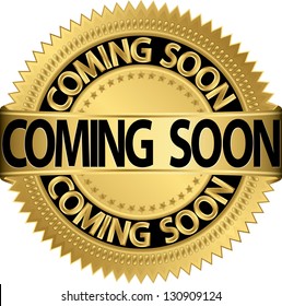 Coming soon golden label, vector illustration