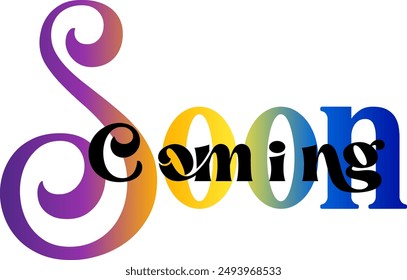 coming soon gradient text design, Coming soon isolated vector icon paper style. Promotion sign. Sunburst shape. Start a new business design element vector stock