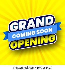 Coming soon grand opening banner on yellow striped background. Vector illustration.