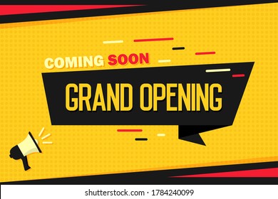 Coming soon Grand Opening. Megaphone with ribbon banner and halftone. Background for marketing