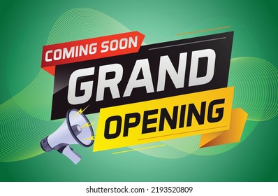 coming soon grand opening word concept vector illustration with megaphone and 3d, web, mobile app, poster, banner, flyer, background, gift card, coupon, label, wallpaper