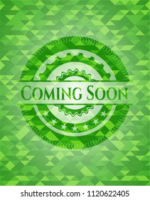 Coming Soon green emblem. Mosaic background
