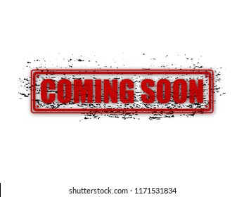 Coming soon grunge red square stamp with black dirty spots on white background. Vector illustration