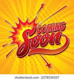 Coming soon halftone cartoon banner. Shop or store coming soon opening announce, new business brand arrival marketing campaign or price discount promotion vector backdrop with pop art boom effect