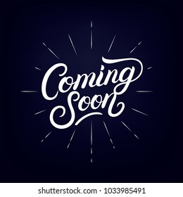 Coming soon hand written lettering poster. Design concept with with festive firework or confetti explosion. Promotion banner. Vector illustration. svg