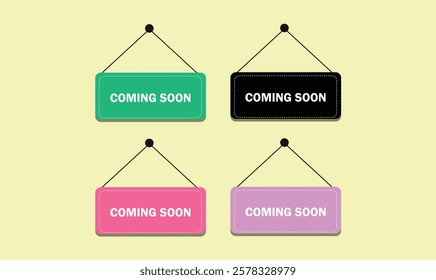 Coming soon hanging label colorful illustration set for use.