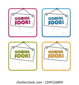 Coming Soon Hanging Sign - Outline Styled Icon - Editable Stroke - Colorful Vector Illustration - Isolated On White Background
