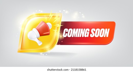 Coming soon horizontal banner with megaphone and button on grey modern background. Vector coming soon sign, sticker, label, icon, poster and badge isolated on stylish grey background