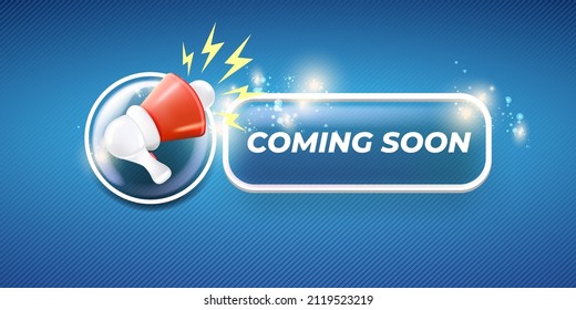 Coming soon horizontal banner with megaphone and button on blue modern background. Vector coming soon sign, sticker, label, icon, poster and badge isolated on stylish blue  background