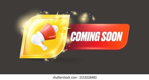 Coming soon horizontal banner with megaphone and button on grey modern background. Vector coming soon sign, sticker, label, icon, poster and badge isolated on stylish grey background