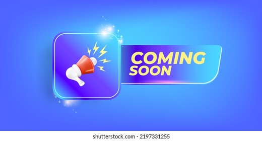 Coming soon horizontal banner with megaphone and button on blue modern background. Vector coming soon sign, sticker, label, icon, poster and badge isolated on stylish blue background