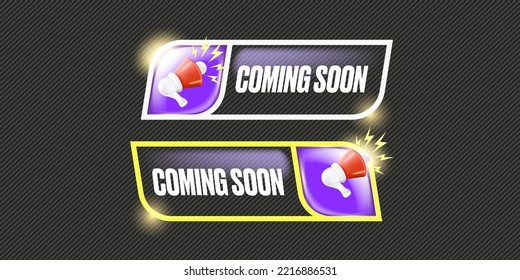 Coming soon horizontal banner with megaphone and button on grey modern background. Vector coming soon sign, sticker, label, icon, poster and badge isolated on stylish grey background