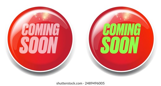Coming soon horizontal banner and red button isolated on transparent background. vector coming soon sticker, label, icon, logo and badge isolated. Vector red button