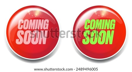 Coming soon horizontal banner and red button isolated on transparent background. vector coming soon sticker, label, icon, logo and badge isolated. Vector red button