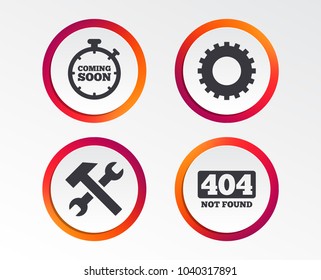 Coming soon icon. Repair service tool and gear symbols. Hammer with wrench signs. 404 Not found. Infographic design buttons. Circle templates. Vector