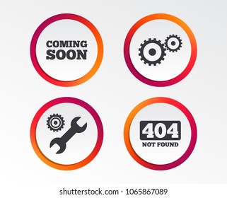 Coming soon icon. Repair service tool and gear symbols. Wrench sign. 404 Not found. Infographic design buttons. Circle templates. Vector