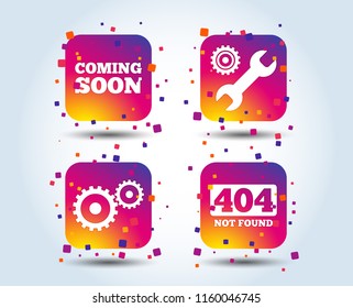 Coming soon icon. Repair service tool and gear symbols. Wrench sign. 404 Not found. Colour gradient square buttons. Flat design concept. Vector