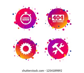 Coming soon icon. Repair service tool and gear symbols. Hammer with wrench signs. 404 Not found. Gradient circle buttons with icons. Random dots design. Vector