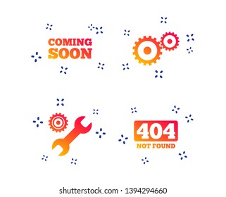 Coming soon icon. Repair service tool and gear symbols. Wrench sign. 404 Not found. Random dynamic shapes. Gradient coming soon icon. Vector