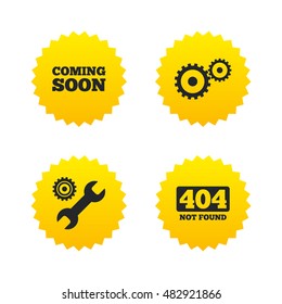 Coming soon icon. Repair service tool and gear symbols. Wrench sign. 404 Not found. Yellow stars labels with flat icons. Vector