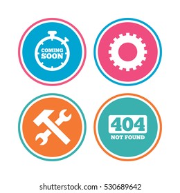 Coming soon icon. Repair service tool and gear symbols. Hammer with wrench signs. 404 Not found. Colored circle buttons. Vector
